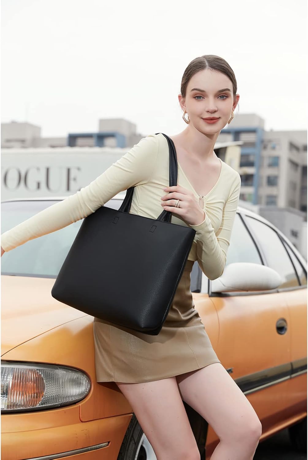 Ladies Tote Bags Simple PU Leather Handbags Work School Shopping Bags for Women with Zip and Inner Pocket