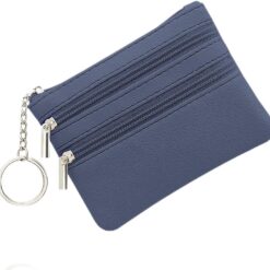 Small Coin Purse, Leather Wallet, Credit Card Purse with Three Compartments, Zipper, Key Ring, Business Card, Mini Wallet for Women, Blue