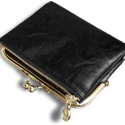 AOXONEL Womens Wallet Small RFID Ladies Compact Bifold Leather Vintage Coin Purse with Zipper and Kiss Lock (Black)