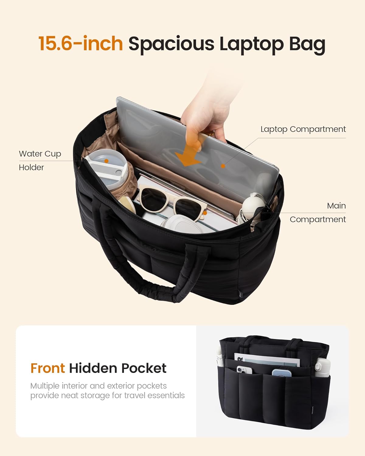 LOVEVOOK Tote Bag for Women, Lightweight Puffer Laptop Handbags Work Bags with Zip and Compartments, Large Capacity Quilted Shoulder Bag for Work, School, Travel, Beach, Gym