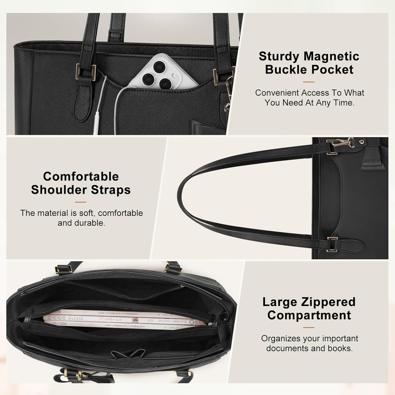 KTMOUW Handbags for Women Large Capacity PU Leather Tote Bags for Women with Zip, Shoulder Bag Ladies Handbag Tote Bag for School Work Travel Shopping Black