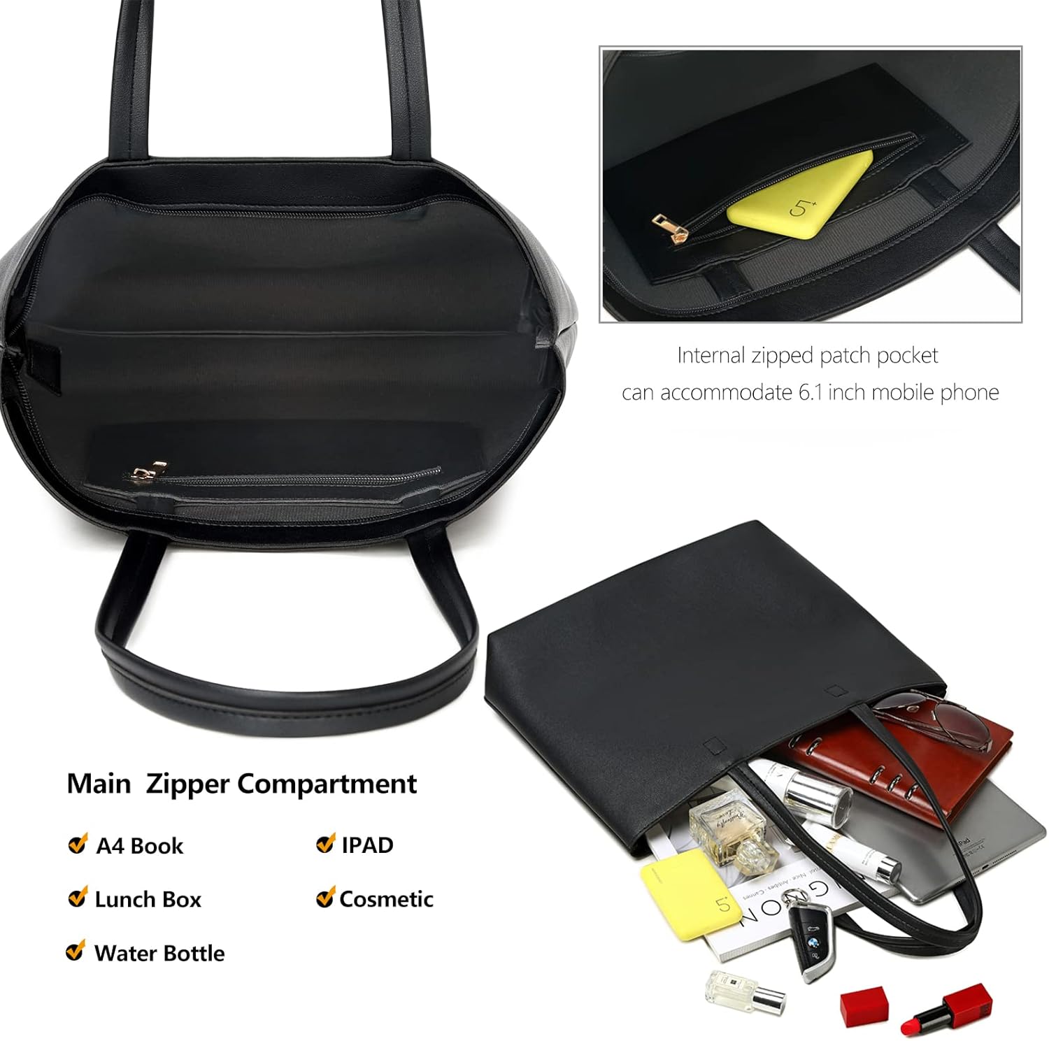 Ladies Tote Bags Simple PU Leather Handbags Work School Shopping Bags for Women with Zip and Inner Pocket