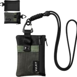 VULKIT Minimalist Small Wallet with ID Window, RFID Blocking Card Holder Water Resistant Zip ID Card Case Wallet with Lanyard Keychain for Cards,Cash,Key, Coin (Army-Green-Black)